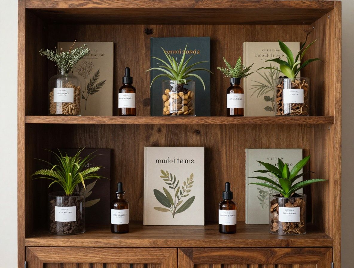 Estantería de madera oscura con libros y frascos de plantas medicinales secas en un ambiente cálido y bien iluminado, evocando una biblioteca de conocimiento natural
