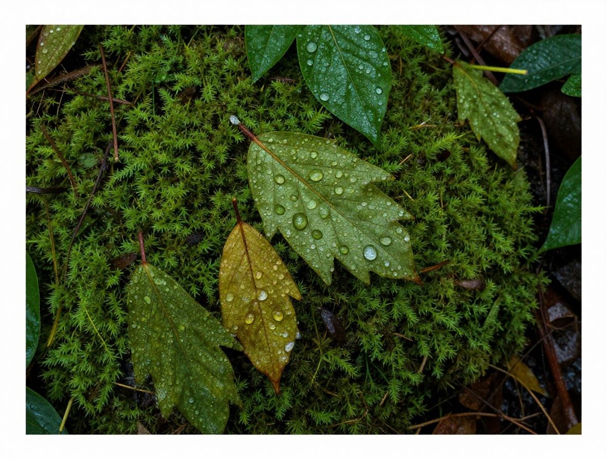 Hojas de otoño doradas y verdes con gotas de rocío sobre una superficie de musgo, representando la transición de estaciones en un bosque colombiano