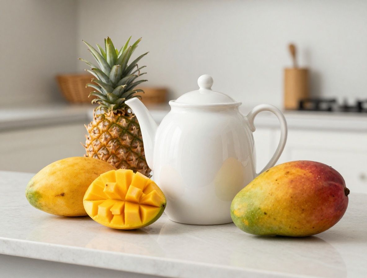 Frutero de cerámica blanca lleno de frutas tropicales colombianas como maracuyá, guayaba y mango sobre una mesa de cocina luminosa