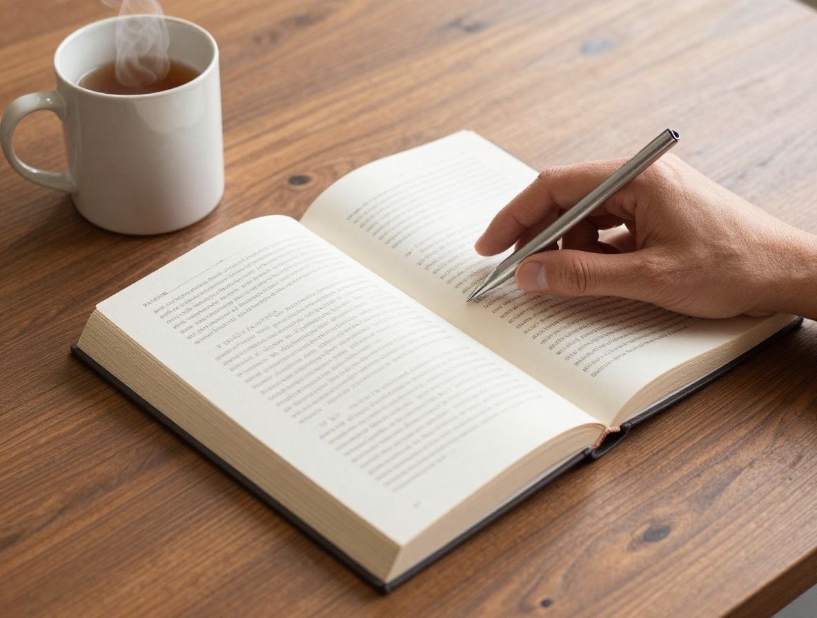 Manos sosteniendo un libro abierto junto a una taza de infusión humeante sobre una mesa de madera con luz de mañana