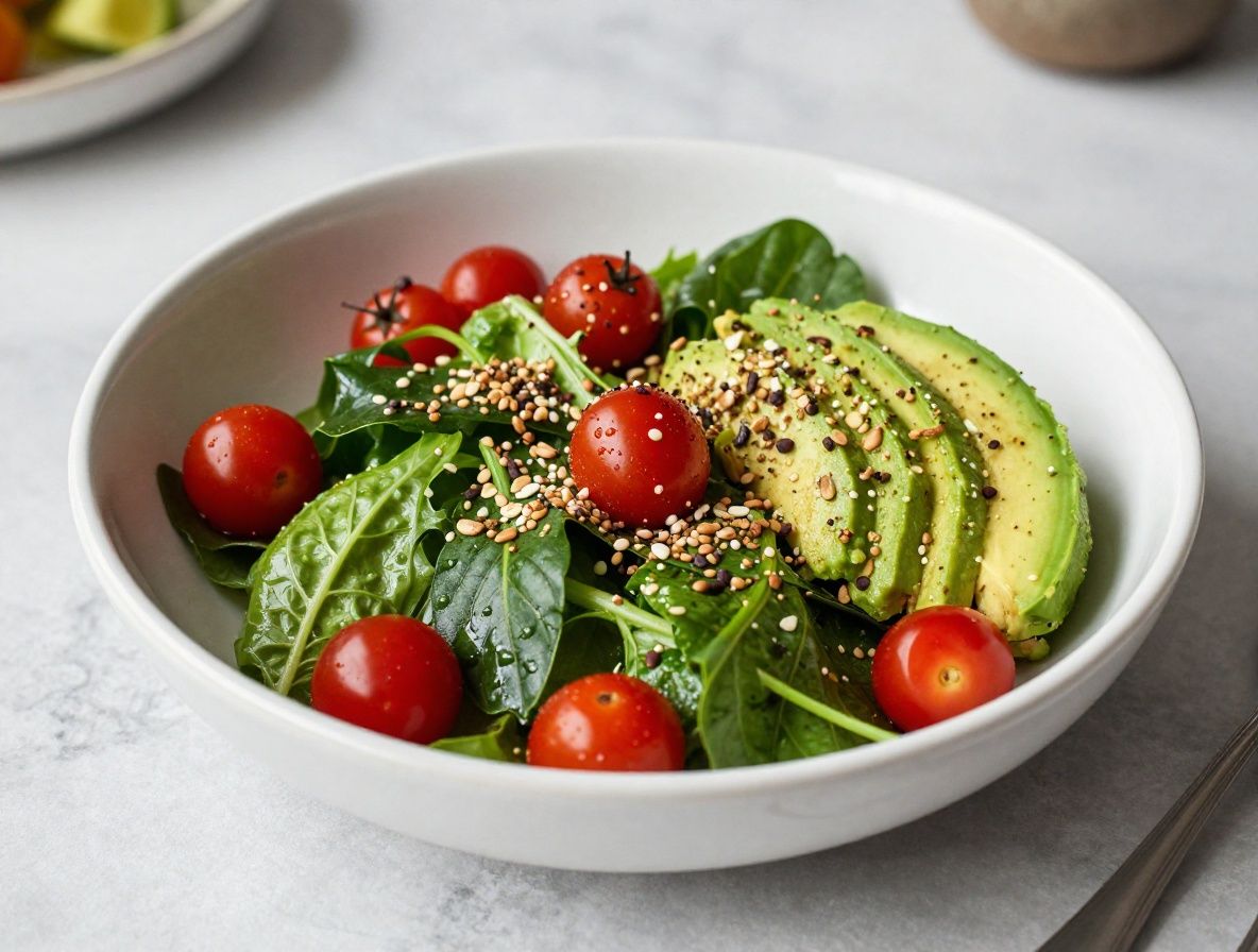 Ensalada mediterránea colorida con hojas verdes, tomates cherry, aguacate y semillas de girasol en un plato de cerámica blanca con fondo de cocina luminosa